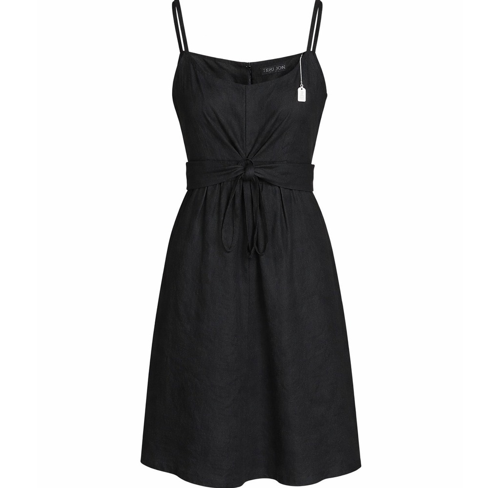 Teri Jon Linen Dress Size 6 NWT Black Designer Luxury Resortwear Sundress